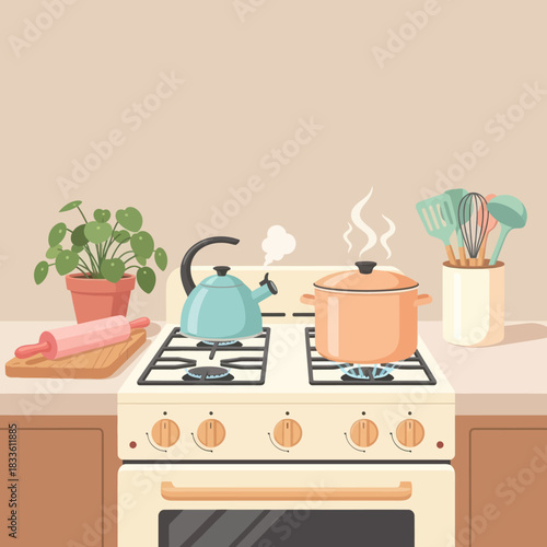 Kitchen Stove with Steaming Pot and Kettle Cooking Scene.