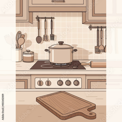 Empty rustic wooden cutting board on a kitchen tabletop.