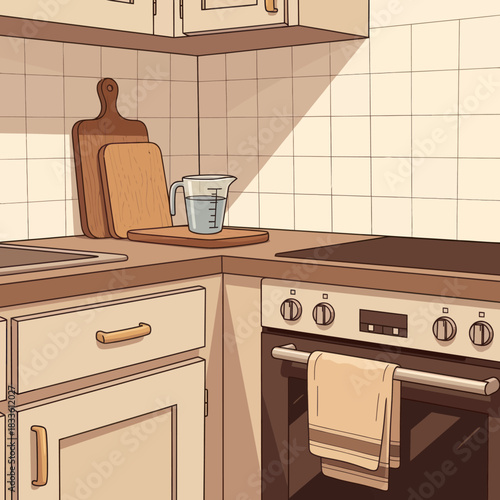 Kitchen corner with cutting boards and measuring cup with water.