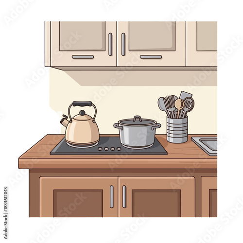 Kettle and pot on an electric stove with kitchen utensils.