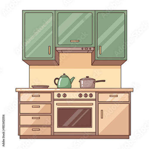 Cartoon Kitchen Interior with Cabinets, Oven, and Cookware Illustration.