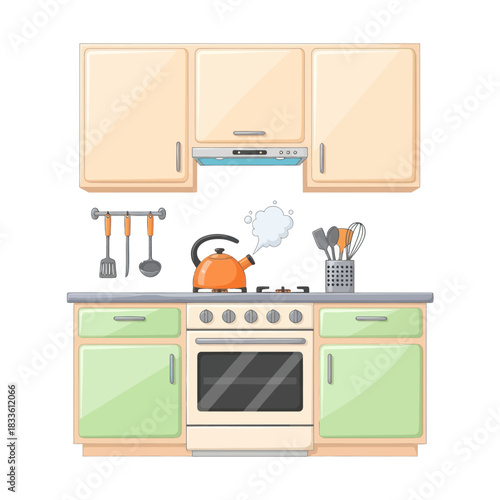 Modern Kitchen Scene with Boiling Kettle on Stove.