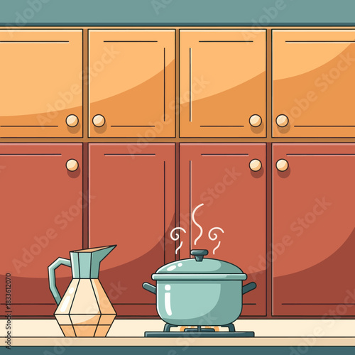 Cooking pot and pitcher on a stove in the kitchen setting.