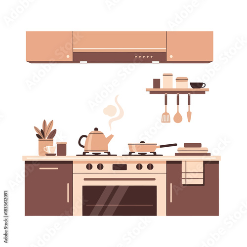 Modern Kitchen Interior with Cooking Appliances and Utensils.