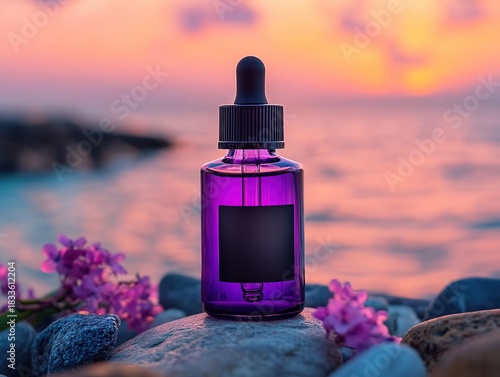 Commercial close-up of purple skincare oil bottle with black label on seaside rocks against pink sunset sky, natural light and depth of field highlighting product texture for beauty advertising 