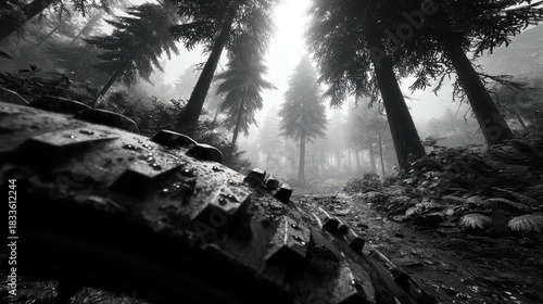 Serene Forest Pathway with Worn Bicycle Tire in Foggy Landscape