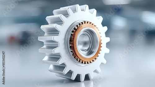 Detailed Close-Up of a Metal Gear with Orange Accent on a Smooth Surface