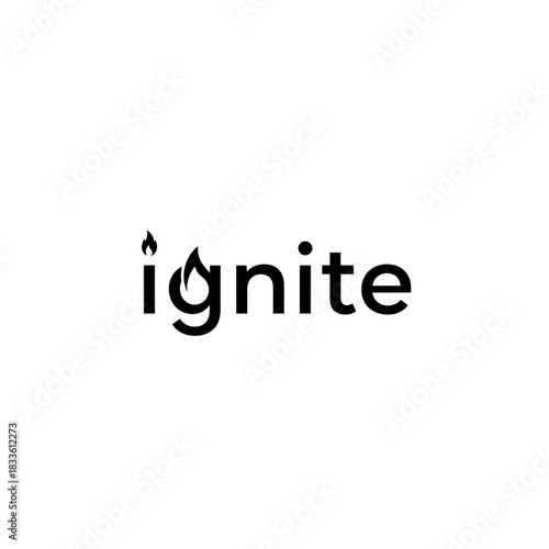 Minimalist black text logo for the word ignite with a flame replacing the dot vector template design