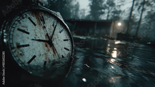 Wallpaper Mural Rusty Clock in Abandoned Setting Surrounded by Rainwater and Fog Torontodigital.ca