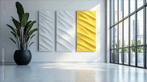 Fototapeta Naklejka Na Ścianę i Meble -  A modern interior space featuring a large potted plant, abstract wall art, and a large window with city views, bathed in sunlight.