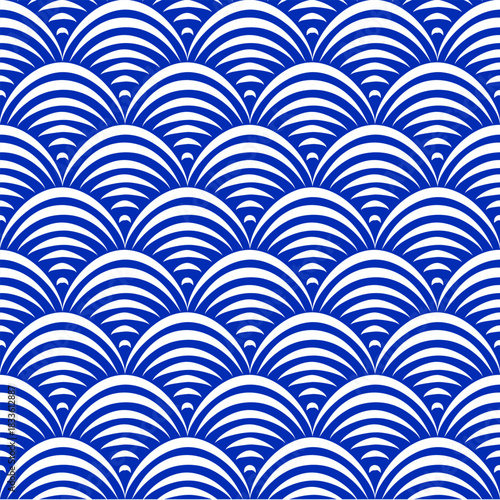Seigaiha wave seamless pattern vector.Traditional japanese wave ocean motif illustration background.Flat style blue and white classic Indigo color.Design for wallpaper,print, textile,wrap,decoration.