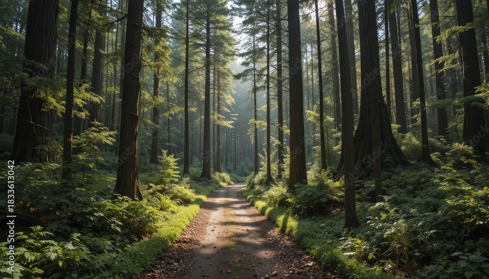 Fototapeta premium Sunlit Forest Path Surrounded by Tall Trees