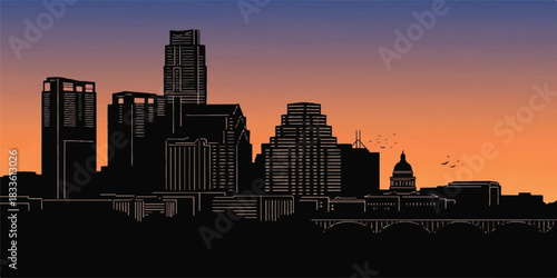 A clean digital illustration of the Austin skyline with simplified architectural shapes and solid modern color styling