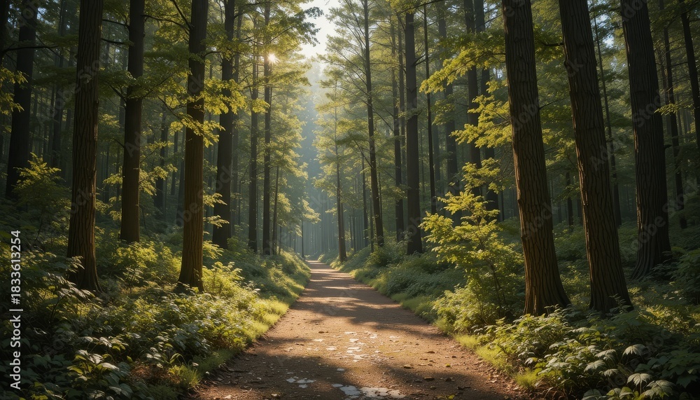 Naklejka premium Sunlit Forest Path Surrounded by Tall Trees