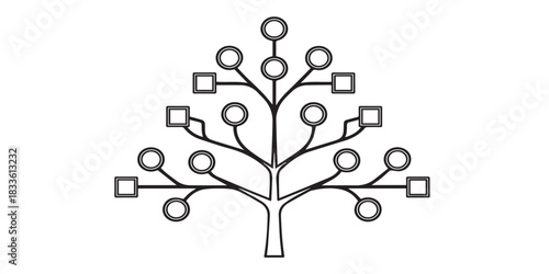 A clean black and white family tree illustration featuring organized branches and simple line art detailing
