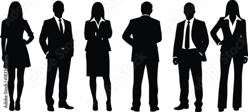 Business People Silhouette Vector Set, Corporate Men and Women Standing in Suits and Skirts, Professional Team Collection Isolated.