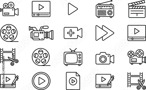 Professional Line Icon Set: Video Production, Movie, Cinema, Media Player, Editing, and Filming Equipment Outline Symbols.