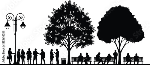 People Park Crowd Silhouette Vector Illustration, City Residents Walking Talking Relaxing Sitting Under Trees Around Street Lamp.