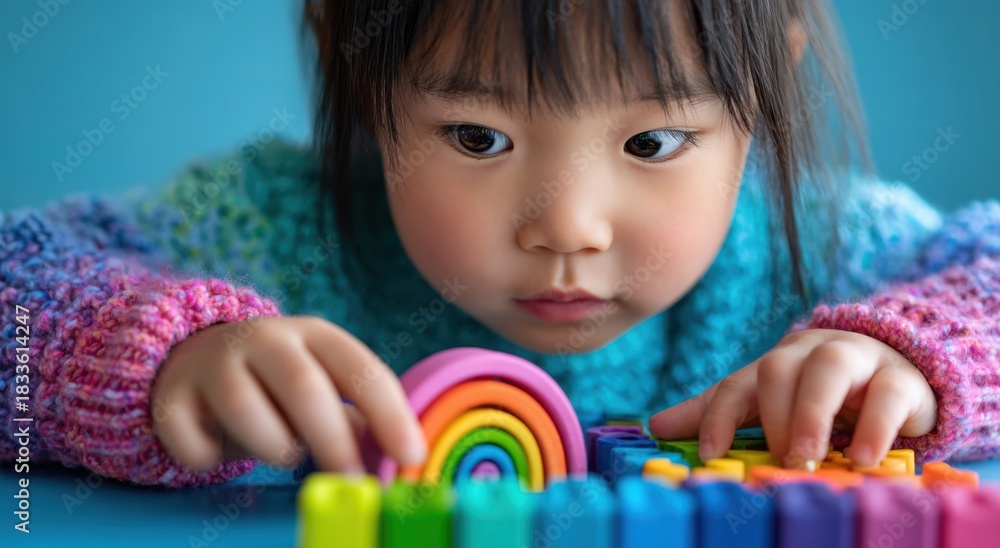 Obraz premium a close-up shot of an asian child playing with a wooden rainbow-colored shape-block puzzle in the classroom, focusing on the hands and toy
