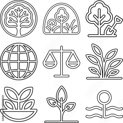 Collection of nature and environmental icons for sustainability and growth