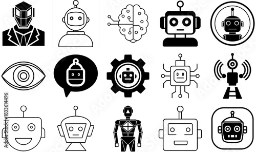 Diverse artificial intelligence and robotics technology icon set