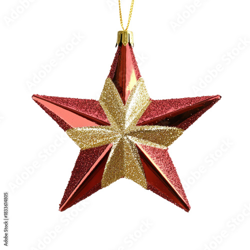 A red and gold star ornament with a gold chain.