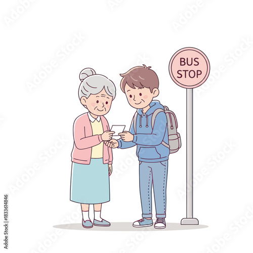 Kind young man helping an elderly woman at a bus stop.