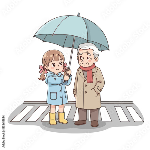 Kindness between generations a young girl shares an umbrella with an elderly man.