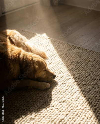 Golden Retriever dog sleeping on wool rug in warm afternoon sunbeam