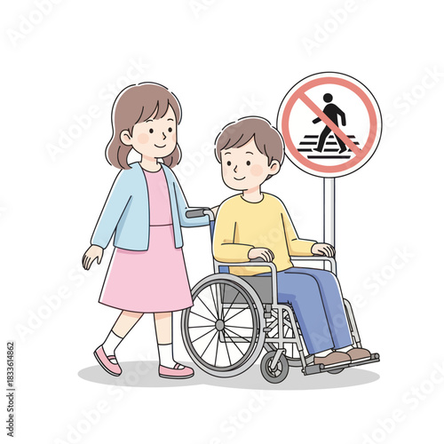 Caring woman assists man in wheelchair near pedestrian crossing sign.