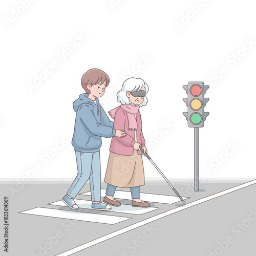 Young person assisting elderly woman crossing street safely.