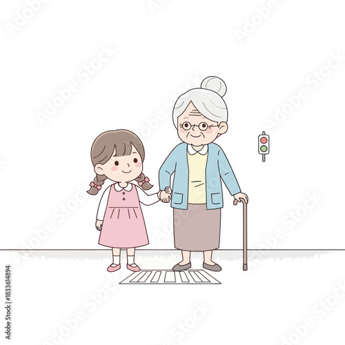 Cute cartoon illustration of a little girl helping an elderly woman.