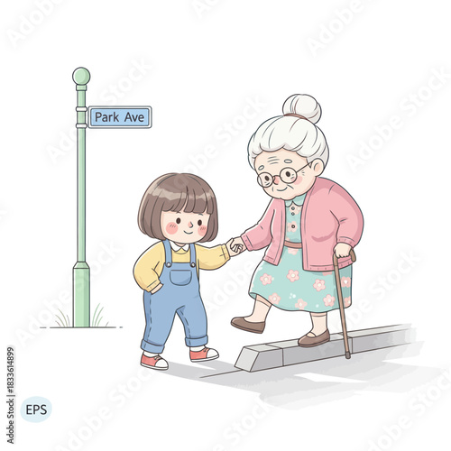 Kind child helps elderly woman cross the street with care and compassion.