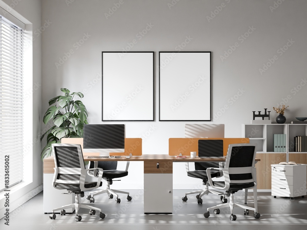 Fototapeta premium Modern Open Office Workspace with Minimalist Desk Setup and Natural Lighting – 3D Rendering 