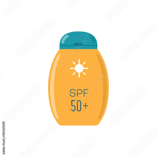 Sunscreen Bottle with SPF 50+. Sun Protection Vector Illustration.