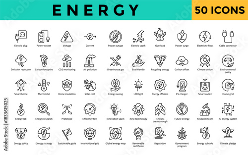 Energy icons set with electric plug, power socket, voltage, current, power outage icon. Simple line vector. Editable stroke.
