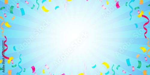 Sunburst background illustration with ribbons and confetti. (light blue, Landscape)