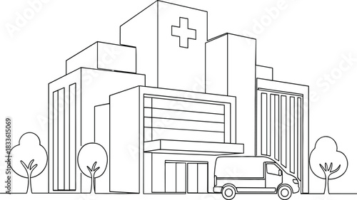 Continuous line art drawing of a modern hospital building with a red cross symbol and a medical ambulance van, representing healthcare and emergency services vector