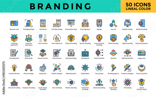 Branding icons set with business card, packaging design, letterhead, envelope design, presentation deck icon. Simple lineal color vector. Editable stroke 
