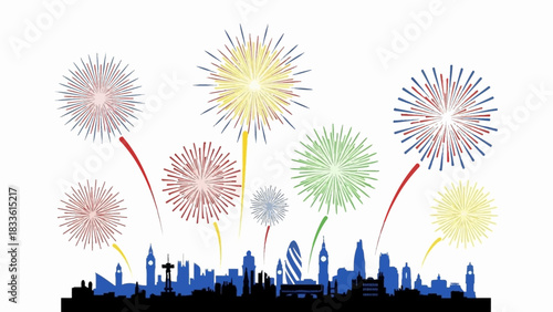 Colorful fireworks celebration exploding over the London city skyline.