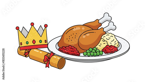 Festive Christmas Dinner with Roasted Turkey and Crown Cracker.