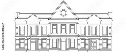 Continuous outline drawing of a large classical Victorian townhouse or institutional building facade, representing historic architecture and urban street vector