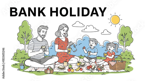 Family enjoying a picnic on a bank holiday, surrounded by nature.