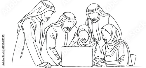 Continuous line drawing of an Arabian business team, including men and women, collaborating around a laptop, symbolizing technology, teamwork, and innovation vector