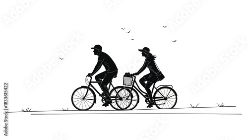 Silhouette of a couple enjoying a leisurely bicycle ride together.