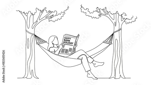 Woman Relaxing Reading Newspaper in Hammock Between Trees.