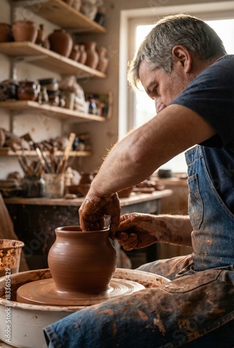 Artisan potter shaping wet clay on wheel in dusty workshop with rim lighting