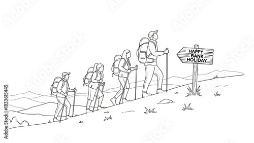 Hand drawn illustration of a family hiking on a mountain trail.