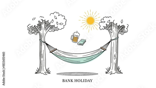 Relaxing hammock scene between trees with beer and book under the sun.