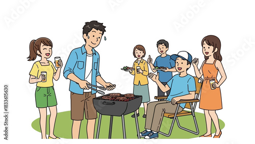 Group of friends enjoying a lively outdoor barbecue party together.